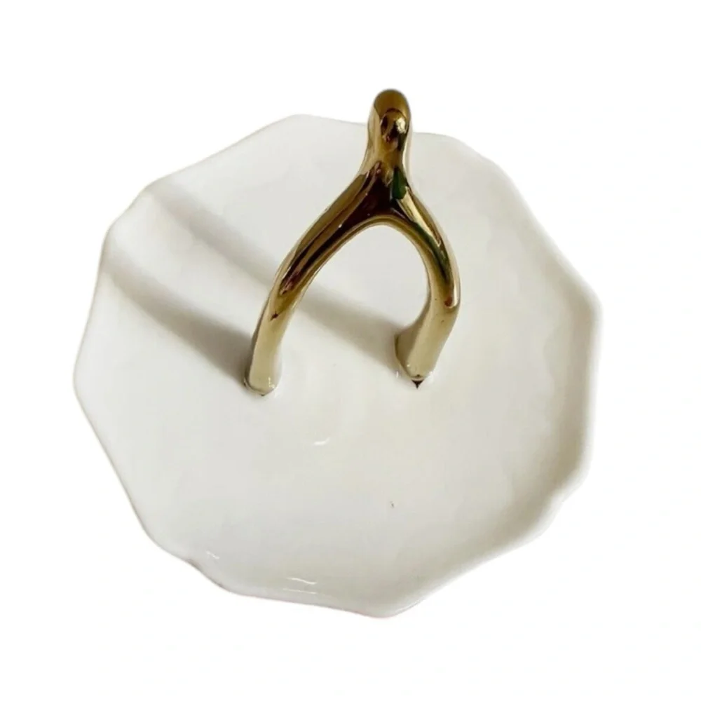 IMM Lucky Break Wishbone Ring Holder White Porcelain Gold Jewelry Holder NIB NEW